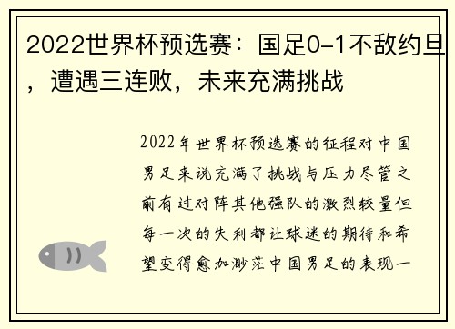 2022世界杯预选赛：国足0-1不敌约旦，遭遇三连败，未来充满挑战